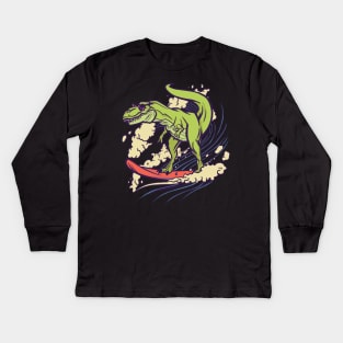 dinosaur surfing cool funny cartoon Kids Long Sleeve T-Shirt